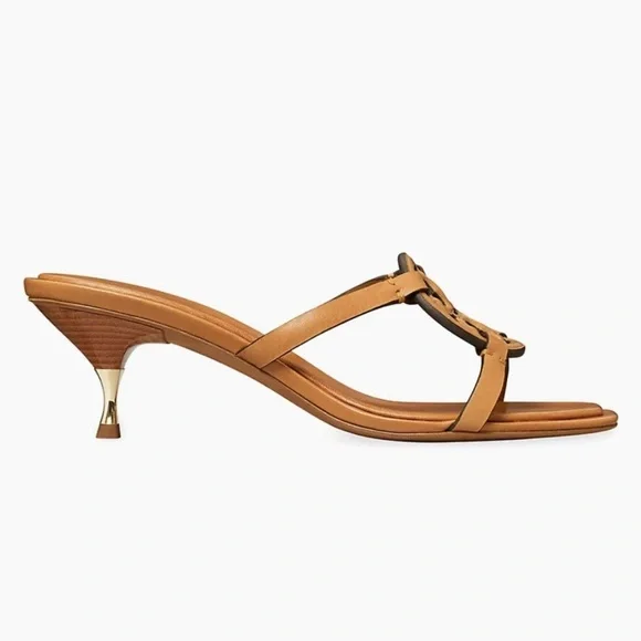 Tory Burch Tan Heeled Sandals with Decorative Logo - Picture 2 of 2